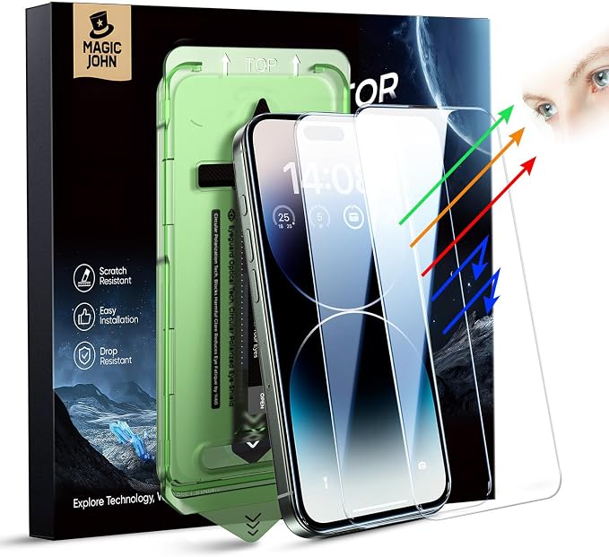 MAGIC JOHN 2PACK for iPhone 14 Pro (6.1) Eye Protection Screen Protector HD Clear Auto Dust-Elimination 9H Tempered Glass &amp Scratch Resistance Full Edge Coverage