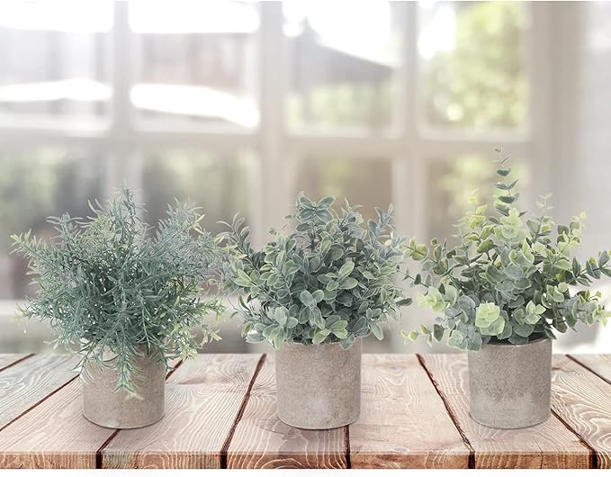 Fake Plants,3 Pack Small Artificial Plants Indoor Mini Potted Faux Plants For Home Decor,Eucalyptus Greenery Plastic Green Grass Fake Plants for Shelves Desk Bathroom Bedroom Farmhouse Shelf Decor