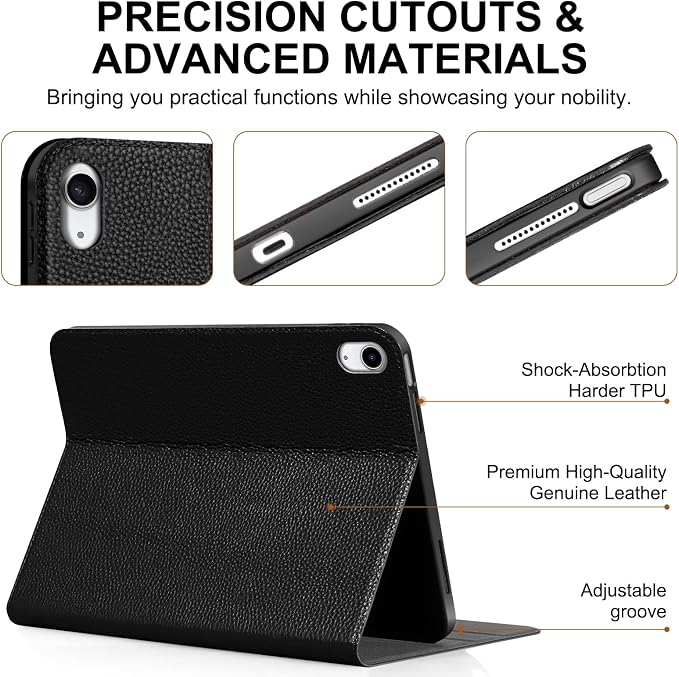 Genuine Leather Case for iPad 11th Gen 11/10th Gen 10.9 Black | Pencil Holder Adjustable Stand Auto Wake/Sleep Shockproof