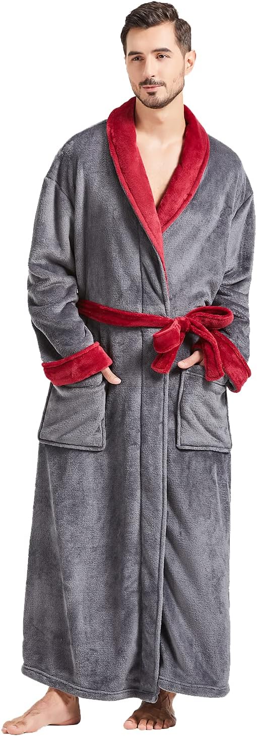 FashGudim Mens Robes Big and Tall Full Length Plush Fleece Long Robe for Men Bathrobe Shawl Collar Warm Winter House Robes