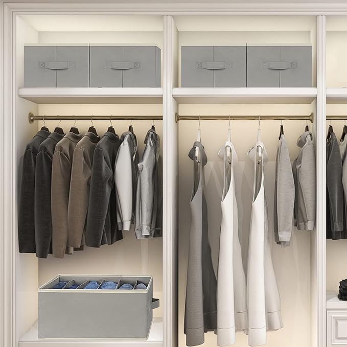 3 Pcs Large Size Wardrobe Clothes Organizers 6 Grids for Pants, Jeans, Sweater, T-shirt, Thin Coat, Dress Stackable Closet Drawer Organizer Storage Bin Container with Sturdy Handles, Grey