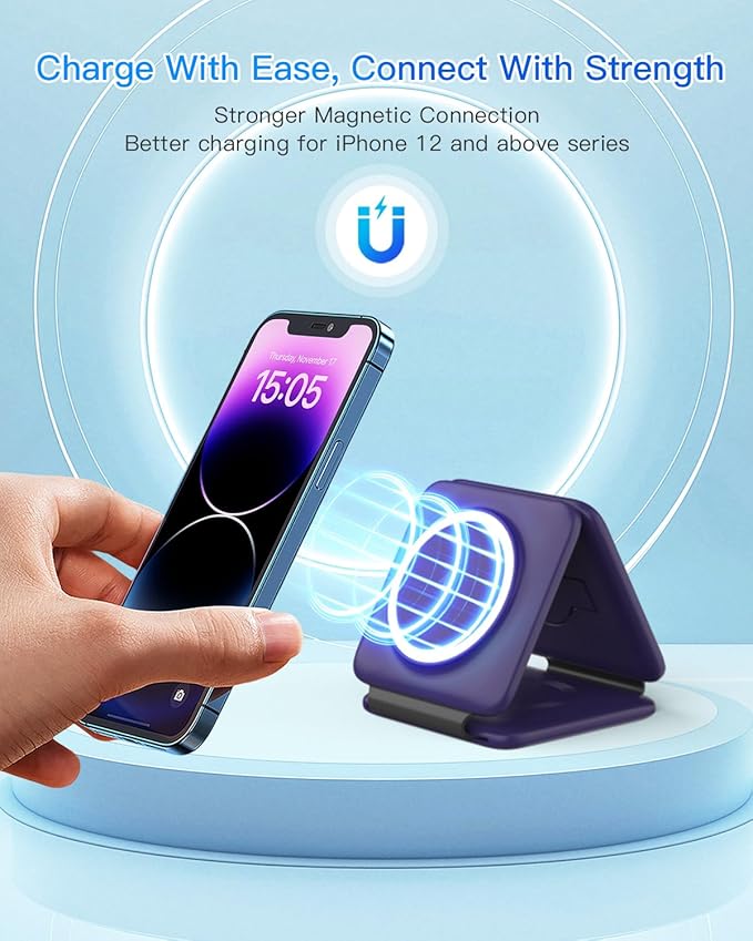 Iseyyox Charging Station for Mag Safe Apple - 3 in 1 Magnetic Foldable Wireless Charger Pad - Travel Charging Mat for iPhone 16 15 14 13 12 Pro Max Plus Watch & Airpods