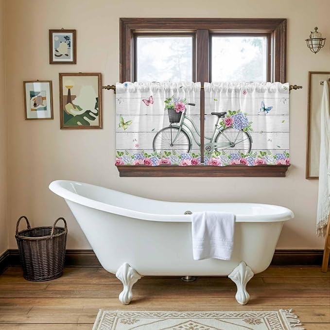 Spring Tier Curtains, Bicycles Botanical Rose Leaves Butterfly Wood Grain Light