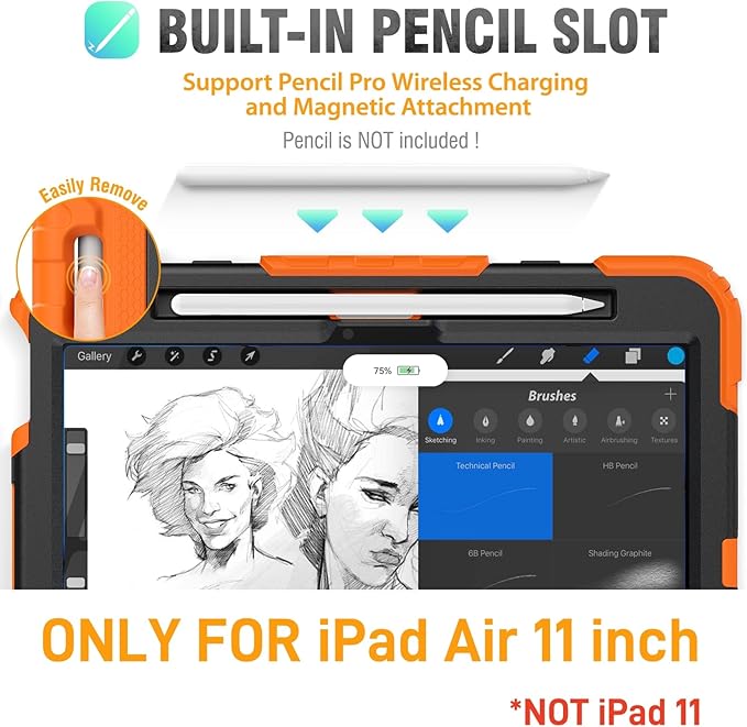 HXCASEAC Case for iPad Air 11 inch (2025 M3 / 2024 M2), Shockproof Design with Pencil Holder/Screen Protector/Rotating Hand Strap, Protective Cover for iPad Air 7th/6th Generation - Orange