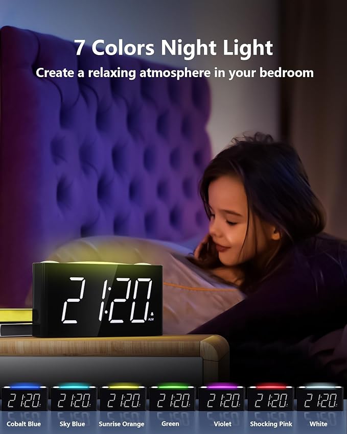 Mesqool Digital Alarm Clock for Bedroom, 7.5" Big Display, 7-Color Night Light,USB & Type C Charger, Dimmer,12/24 H,Plug-in Easy to Set Alarm Clock for Teens, Kids, Heavy Sleepers