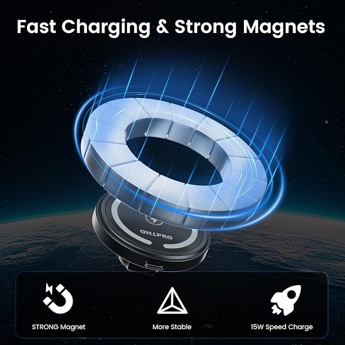 OHLPRO for 15W MagSafe Car Mount Charger for iPhone 16, Fast Wireless Charging, Magnetic CD Slot Holder with 3M Adhesive Base for Dashboard, Aluminum Shell, Compatible with iPhone 16/15/14/13 Pro Max
