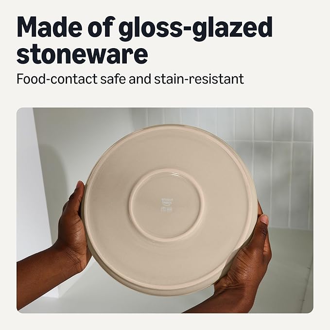 Amazon Basics Glazed Stoneware Dinner Plates, Ceramic 4-Piece Set, Microwave and Dishwasher-Safe, 10.5 in., Linen Gray