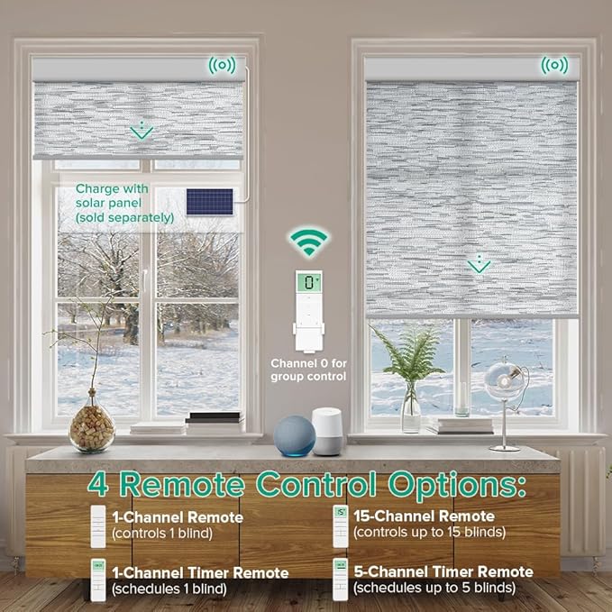 Kilonity Motorized Roller Shades, Light Filtering Remote Control Custom Window Shades Compatible with Alexa Google Assistant via RF Hub, Rechargeable Electric Blinds for Windows (Texture Grey)