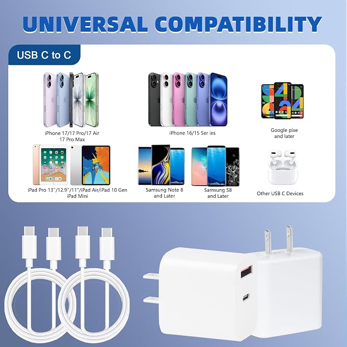 iPhone 17 16 15 Charger Fast Charging40W Dual Port A/C Phone Charger Fast Charging USB C Wall Charger Block Quick 10FT Type C Charging Cable for iPhone 17/17 Pro Max/17 Air/16 Pro/16e/15 Plus/15 Pro