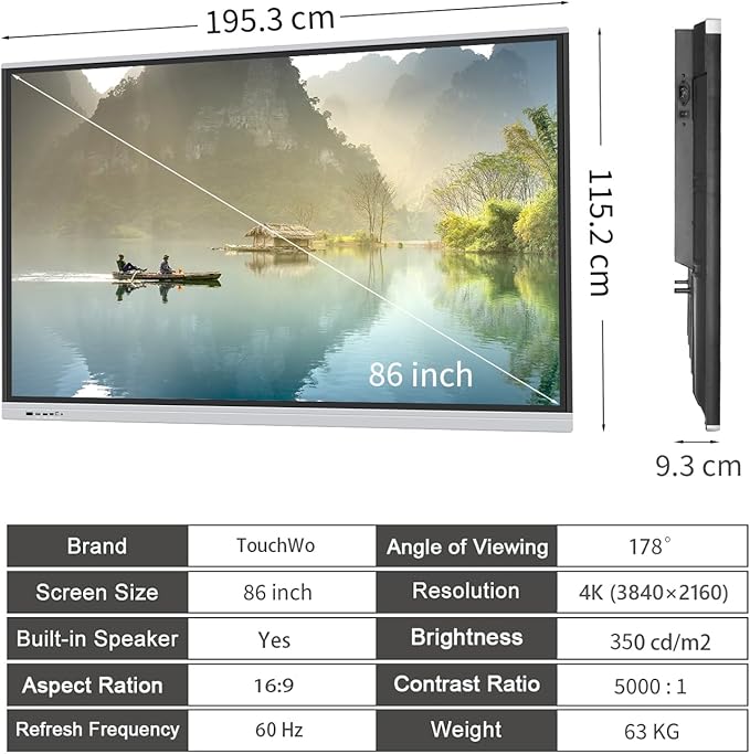 TouchWo 86" Touchscreen Monitor Smart Board, 4K Interactive Presentation Electronic Whiteboard with Android 13, Digital Signage Display for Office, Classroom,RAM 4GB+ ROM 32GB