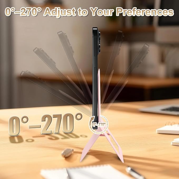 Magnetic Phone Stand Compatible with All Smartphones 17/16/15/14/13/12 Series Slim PU Leather Desk Stand with Angle Adjustment Portable &amp Includes 1 Strong Magnetic Ring for Any Phone(Pink)