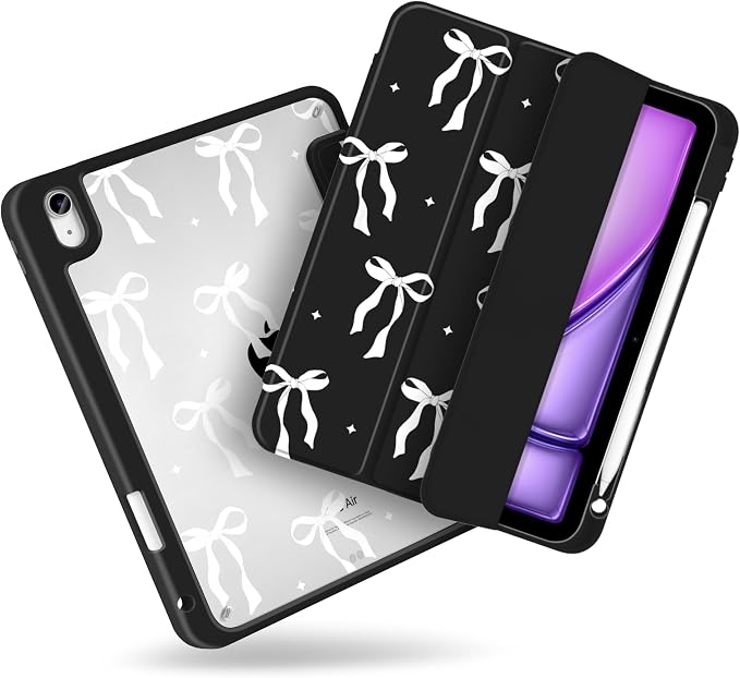 MecBevia Case for iPad Air 11-inch M4 2026 / M3 2025 / M2 2024 | Built-in Pencil Holder Shockproof Clear Hard Back Trifold Stand Auto Wake/Sleep Blue Bow