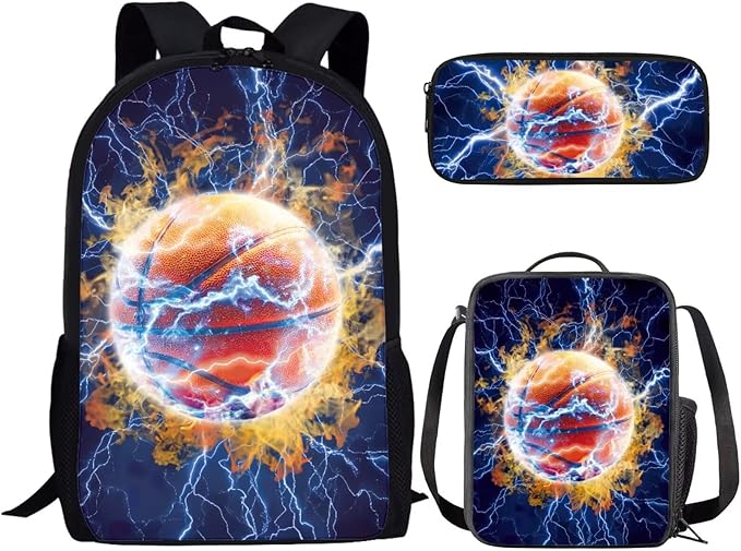 CLOHOMIN Lightning Basketball Backpack with Lunch Box for Boys 10-12, 3 in 1 Big Capacity School Book Bag Set for 6th Grade Insulated Lunch Bag for Middle School Bookbag and Pencil Bags Lunchbox