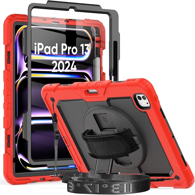 iPad Pro 11 Inch Case 2024 with Screen Protector Pen Holder | iPad Pro 11 5th Generation Case | Three Layer Shockproof Defender Protective Cover W/Stand Hand Strap for iPad A2836/A2837 | Black