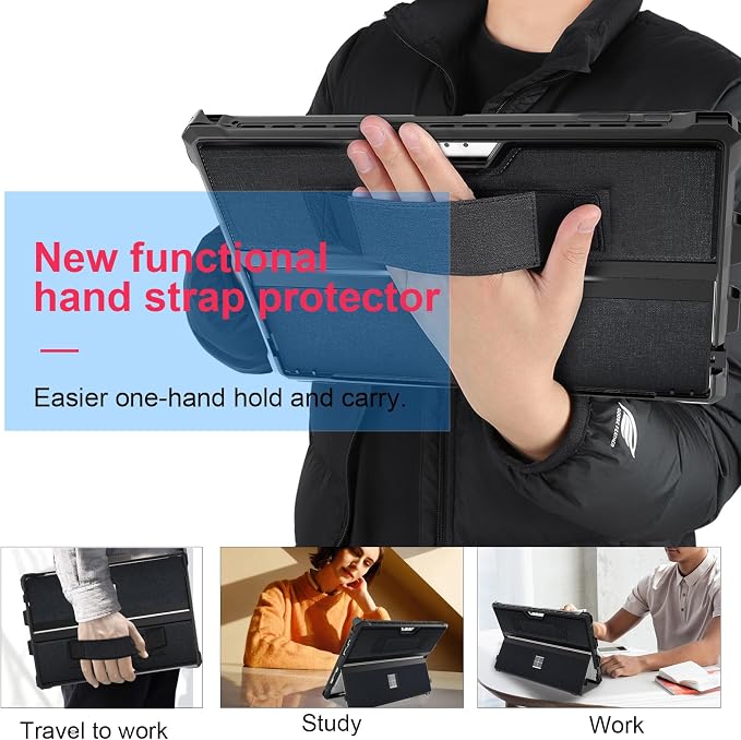 Case for 12.3 Microsoft Surface Pro 7+/7/6/5/4 Protective Rugged Cover Case with Surface Pen Holder and Hand Strap Compatible with Surface Pro Type Cover Keyboard (Black)
