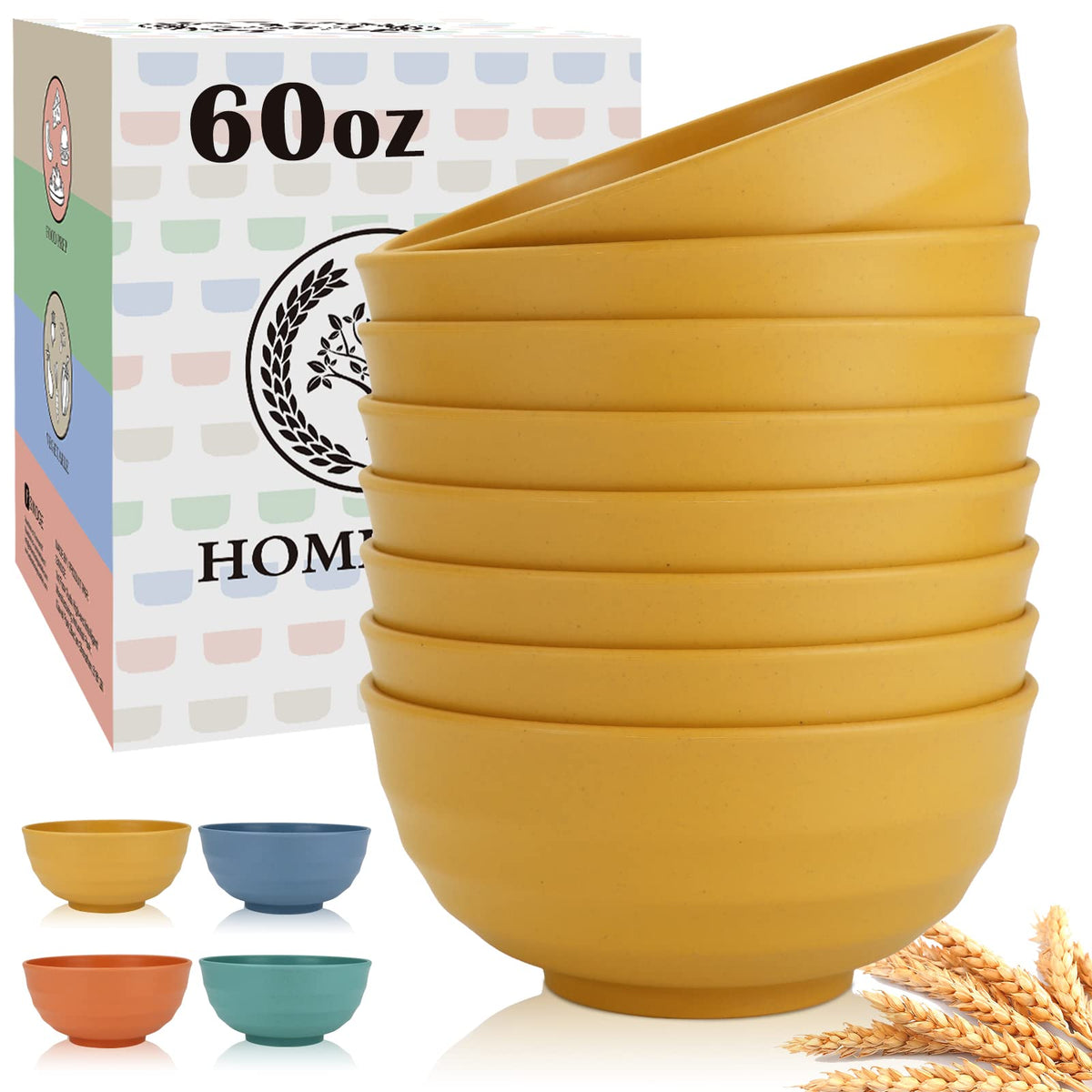 Homienly Soup Bowls, Cereal Bowl, Premium Wheat Straw Bowls Set of 8, Unbreakable Plastic Bowls Microwave Safe, Dishwasher Safe Serving Bowl for Kitchen, Breakfast, Dinner, Salad, Poke (Blue, 26 OZ)