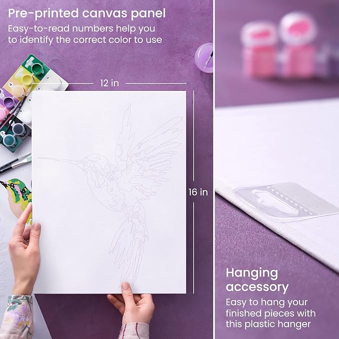 ARTEZA Paint by Numbers for Adults, 12x16 Inches, 21-Piece Hummingbird Painting Kit, Includes Canvas Panel, 12 Acrylic Paint Pots & 5 Paintbrushes for Home & Office Decor