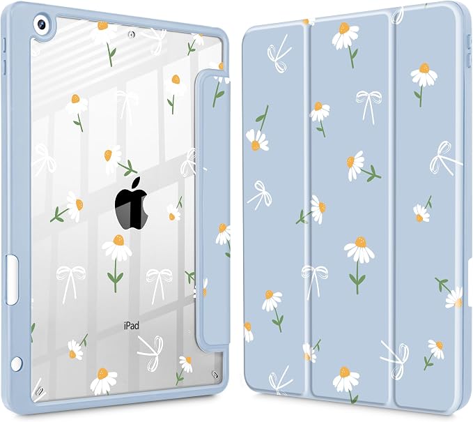 Case for iPad 9th/8th/7th Generation 10.2-Inch (2021/2020/2019 Release) with [Built-in Pencil Holder] Shockproof Cover with Clear Transparent Back Shell &amp Auto Wake/Sleep - Blue Bows
