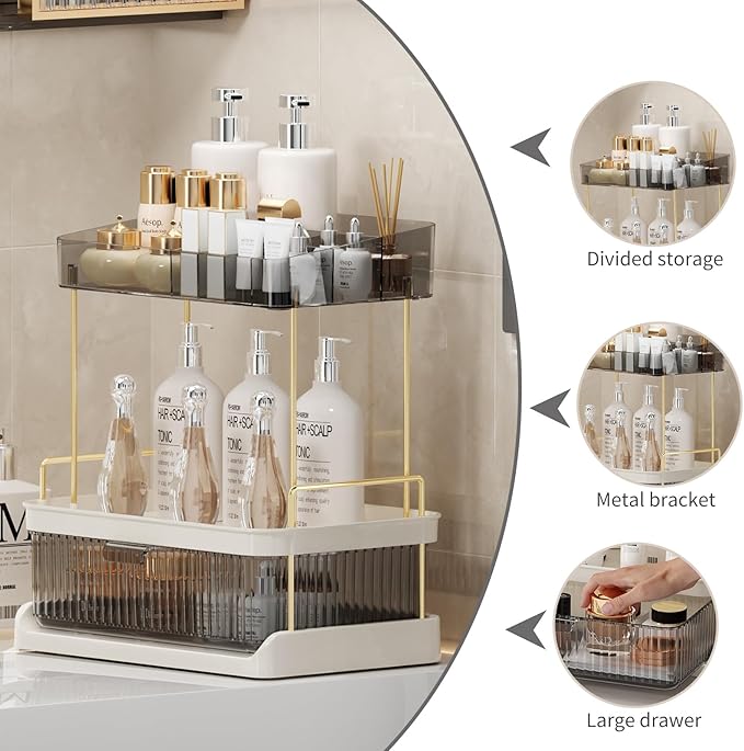 YCIA & DONE Bathroom Counter Organizer, Multi Makeup, Skincare, Perfume, Cosmetic, Vanity Countertop Organizer - Large Capacity, 2 Tier with Drawer - Easy to Install, Clean, Smoky Gray