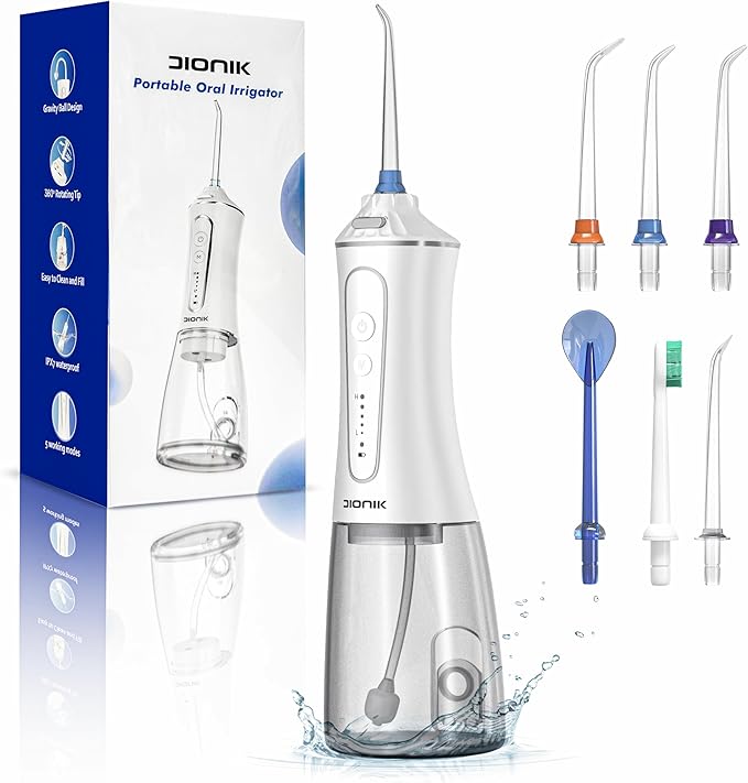 DIONIK Water Flosser Cordless for Teeth, Rechargeable & Portable Water Flosser for Adults, Electric Oral Irrigator with 5 Modes, IPX7 Waterproof, 300ML Tank for Braces, Gum Care & Travel
