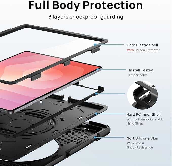 Gerutek Case for Samsung Galaxy Tab S10 FE+/ S10 FE Plus 2025 13.1 Inch Full-Body Drop Protective Case with Screen Protector Pen Holder 360° Rotate Hand Strap &amp StandShoulder Strap Black
