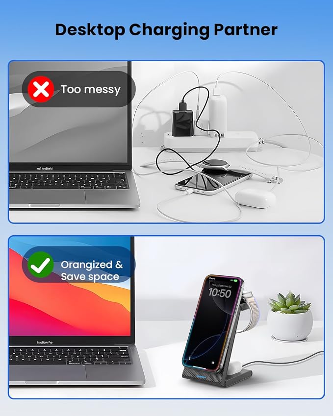 Wireless Charger Stand CIYOYO 3 in 1 Fast Wireless Charging Station Dock for Apple Watch 11/9/8/7/6/SE/5/4/3/2 Airpods 3/2/Pro iPhone 17/16/15/14/14 Plus/14 Pro Max/13/13 Pro/12/12 Pro/SE/X/XR/XS/8