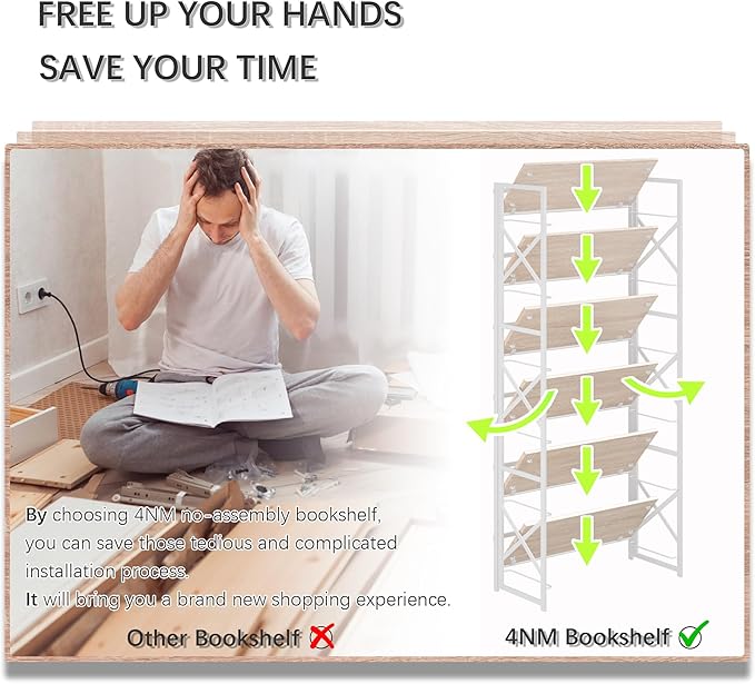 4NM 6 Tiers No Assembly Book Shelves, 61.8" H Folding Bookshelf Bookcase Open Industrial Foldable Shelves for Bedroom, Living Room, Home Office - Natural White