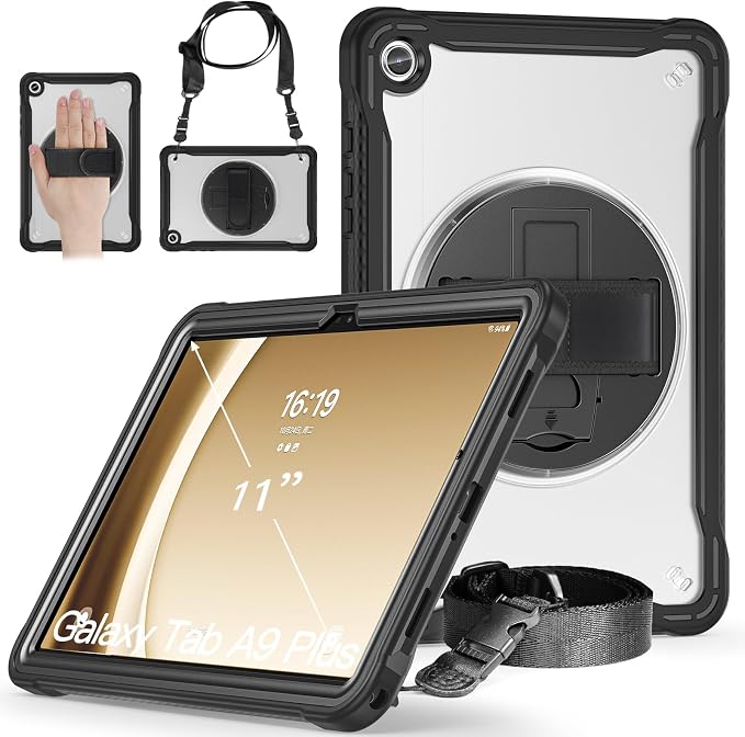 Junfire Clear Case for Samsung Galaxy Tab A9 Plus 11-inch 2023 Shockproof Slim Hard Case for Galaxy Tab A9+ with 360°Rotating Kickstand/Hand Strap/Shoulder Strap-Black