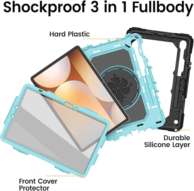 HXCASEAC Case for Galaxy Tab S10 lite / S10 FE / S9 FE 10.9 Inch Shockproof | 360° Rotating Stand | S Pen Holder | Screen Protector | Shoulder Strap | Samaung S10 Lite Tablet Case Kids Black