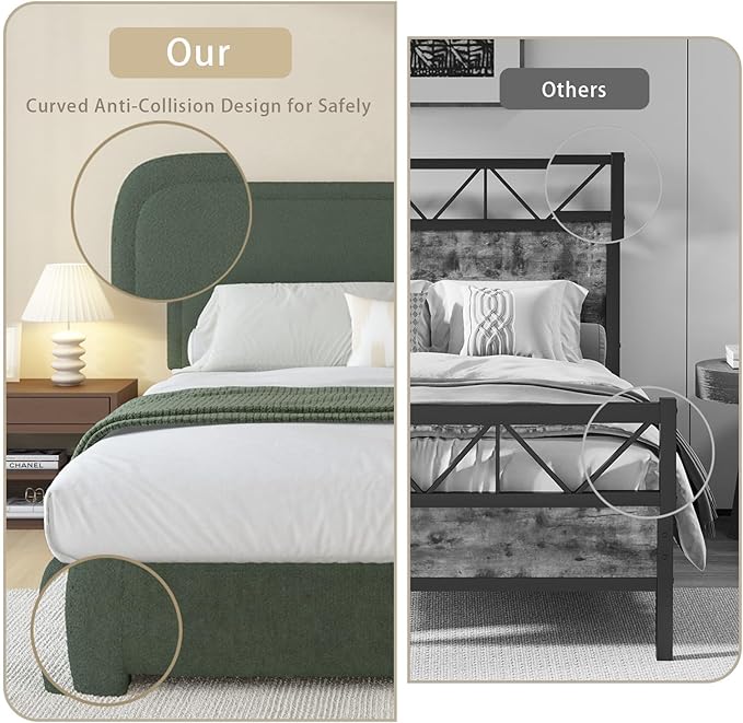 BarnFurin Full Size Bed Frame with Headboard, Boucle Upholstered Platform Bed Frame, Modern Style, Soft Rounded Corners, No Box Spring Required, Easy Assembly, Green
