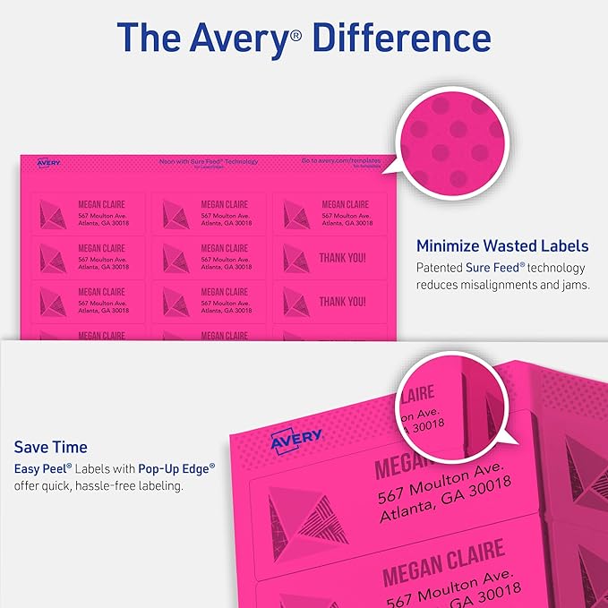 Avery Printable Labels with Sure Feed, 1" x 2-5/8", Assorted Neon Colors (Green, Magenta, and Yellow), Removable Adhesive, Laser & Inkjet Compatible, 360 Blank Labels Total (6479)