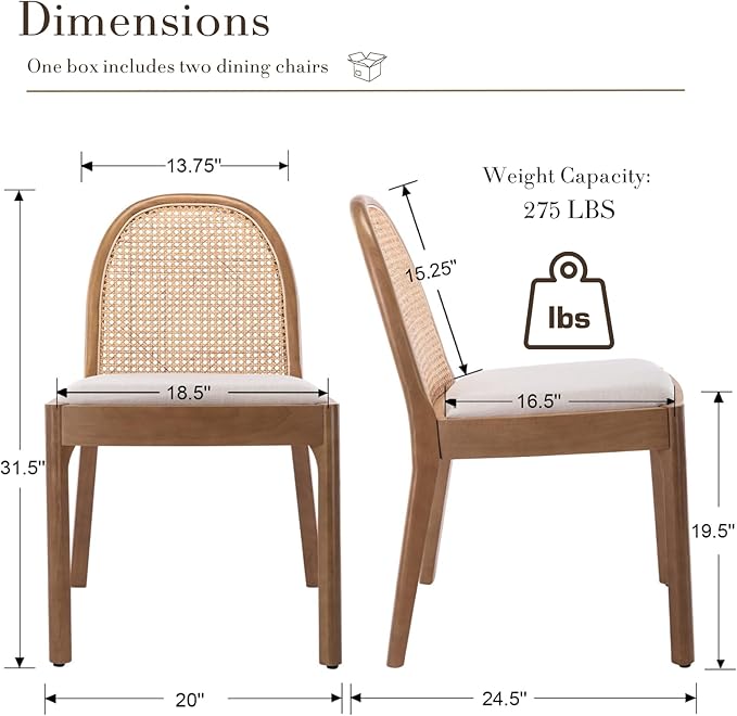 HEAH-YO Rattan Dining Chairs Set of 4, Upholstered Linen Dining Room Chairs with Backrests, Modern Kitchen Chairs with Wood Legs for Dining Room, Beige