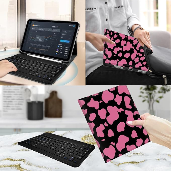 for Bluetooth Keyboard for iPad 10th Gen 10.9 inch (2022) case (A16) 11th / 10th Gen Case 11'' (2025) with 7-Color Backlights Pencil Holder Detachable Rechargeable - Black Cow