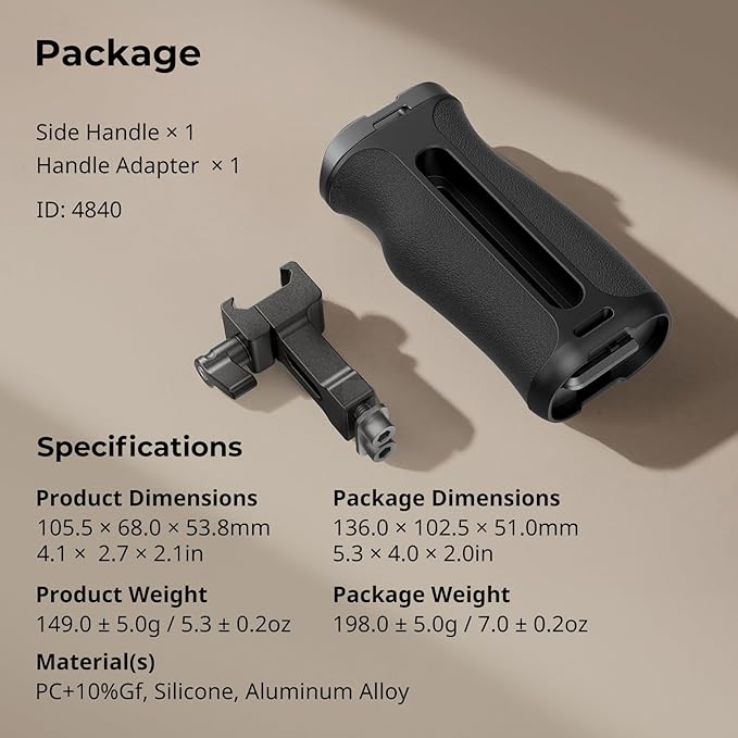 SmallRig Mini NATO Side Handle for Camera Cages, Universal Ergonomic Side Handgrip, 43mm Up/Down Adjustable, Bulit-in 1/4"-20 Threaded Hole, Strap Hole, Cold Shoe - 4840