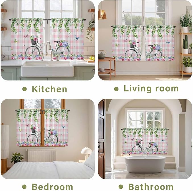 Spring Kitchen Curtains, Bicycles Leaves Butterfly Flowers Pink Buffalo Plaid