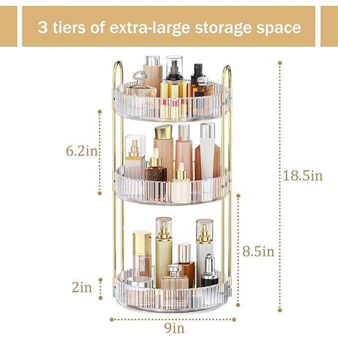 MOKANI 360 Rotating Makeup Organizer for Vanity, 3 Tier Adjustable Perfume Organizer for Dresser, Multi-Function Spinning Cosmetics Skincare Storage for Bedroom, Dresser, Countertop, Clear