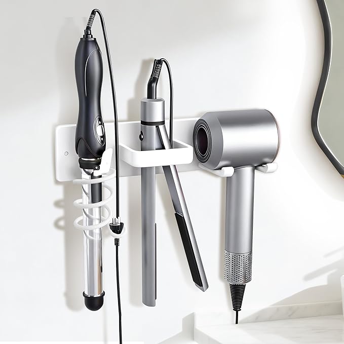 Dovyn Blow Dryer Holder Wall Mount, 3 in 1 Bathroom Hair Tool Organizer with Curling Iron Holder & Flat Iron Holder, Universal Hair Dryer Holder Rack Storage White