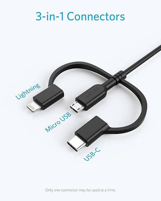Anker Powerline II 3-in-1 Cable Lightning/Type C/Micro USB Cable for iPhone iPad Huawei HTC LG Samsung Galaxy Sony Xperia Android Smartphones iPad Pro 2018 and More(3ft Black) | 3-in-1 Cable