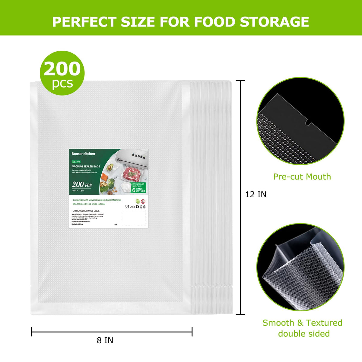 Bonsenkitchen Precut Vacuum Sealer Bags 200 Quart 8" x 12", BPA Free