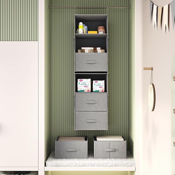 Vailando 6-Tier Hanging Shelves for Closet, Two 3-Shelf Hanging Closet Organizer w/ 4 Side Pockets and 3 Drawers, Combinable for Dorm Wardrobe Organizer and RV Storage and Organization