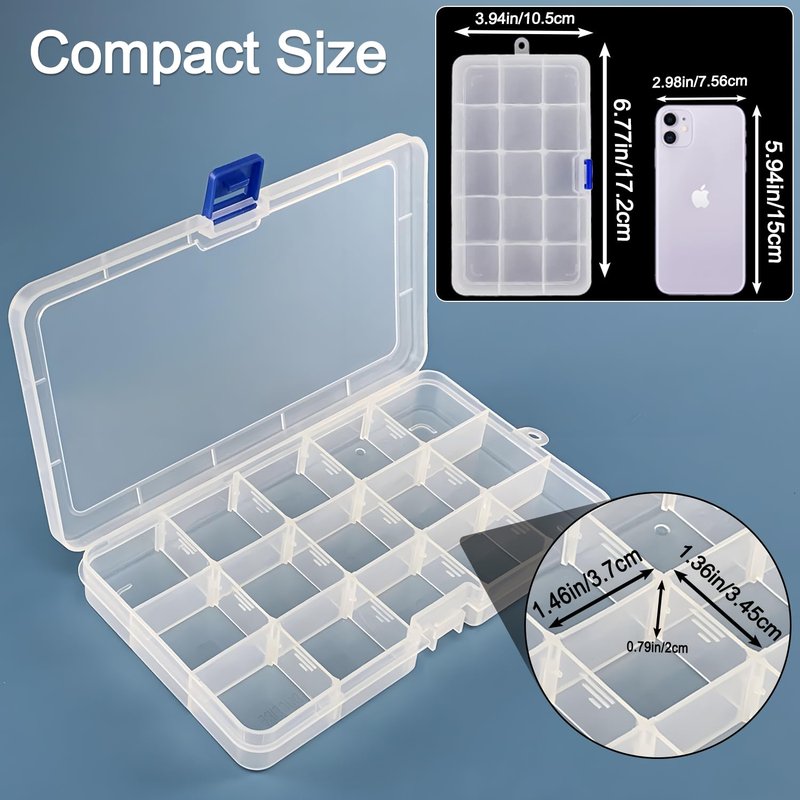 Qualsen 15 Girds Bead Organizer with Adjustable Dividers(4 Pack), Tackle Box Organizer and Small Plastic Organizer Box for Jewelry, Beads, Earrings, Crafts, Screws and Fishing Tackles Small Items
