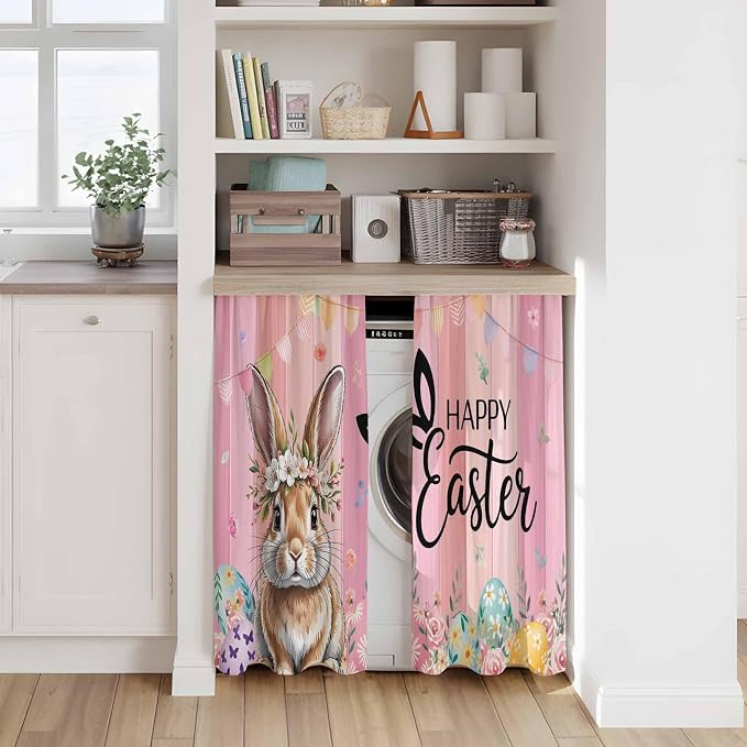 Easter Kitchen Curtains, Spring Rabbit Eggs Flowers Flags Leaves Wood Grain