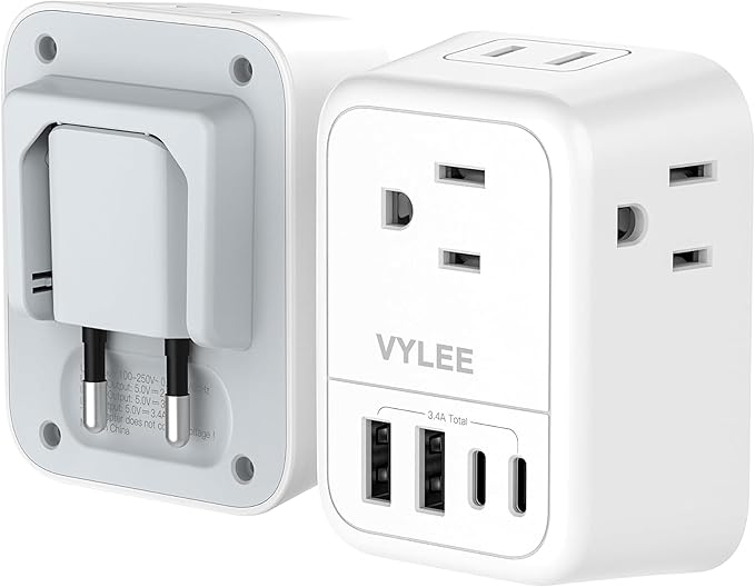 Travel Plug Adapter, International Plug Adapter with 4 AC Outlets 4 USB Ports(2 USB C), Travel Adapter Type C Travel Essentials for US to Most Europe France Germany Italy Spain [1 Pack]