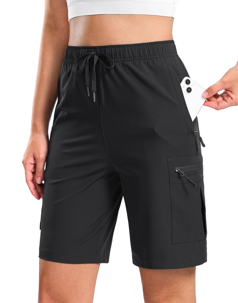 SANTINY Women's 7"/9" Lightweight Hiking Cargo Shorts with 5 Zipper Pockets Quick Dry Summer Long Travel Golf Short for Women (Black_XL)