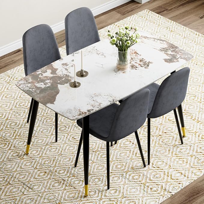 5 Piece Dining Table Set,4 Chair Dining Table Set, Sintered Stone Kitchen Table Top and Modern Chairs Set of 4 for Kitchen Dining Room, Small Space