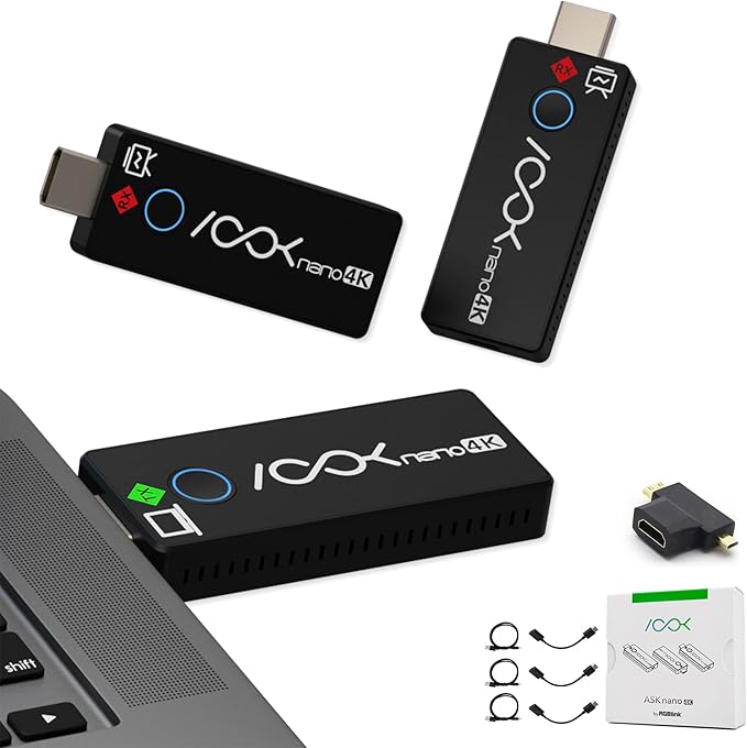 Wireless HDMI Transmitter and 2 Receivers 4K, Ask Nano HDMI Wireless Splitter Presentation Kit for Classroom, Church, and Meeting Room, 50FT Range, Ultra 4K Output, Low Latency, Cast Screen to 2 TVs