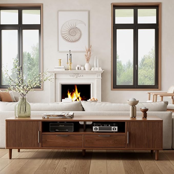 TIMBERKNOWS Mid-Century Modern TV Stand Fits TVs up to 60,Fluted TV Consoles Storage Doors and Cable Management,Entertainment Center tv Stands, for Living Room, Bedroom, Dining Room-Walunt