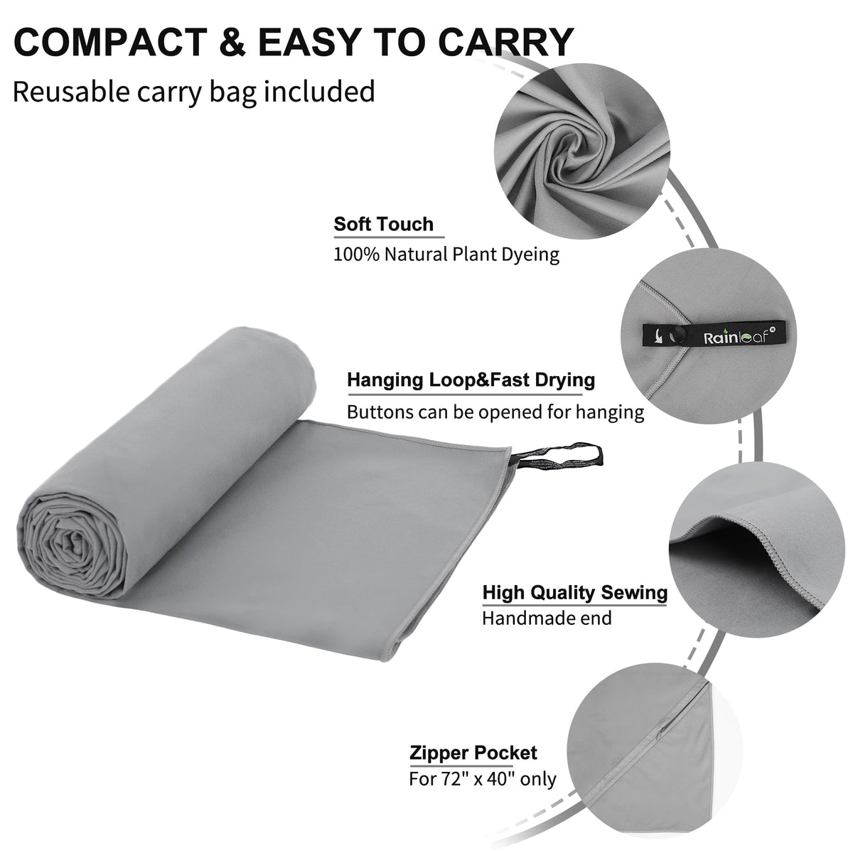 Rainleaf Microfiber Towel Quick Dry Camping & Travel & Gym Towel. Compact