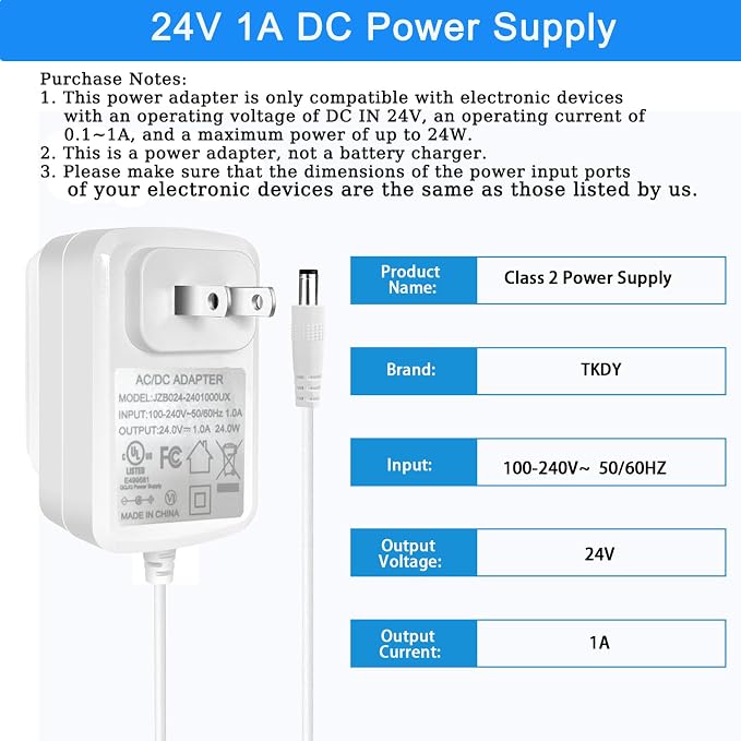 24V Power Supply Withe AC 100-240V to DC 24 Volt 1A 24W Adapter. | DC 24V Power Cord Class 2 with 5 Tips for LED Light Strip String Lights Soundbar Massage Gun and More.