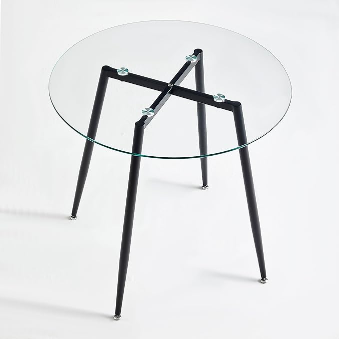 Modern 5-Piece Round Glass Dining Table Set with Faux Leather Chairs - Space-Saving Kitchen Furniture for Small Apartments (Table Only)